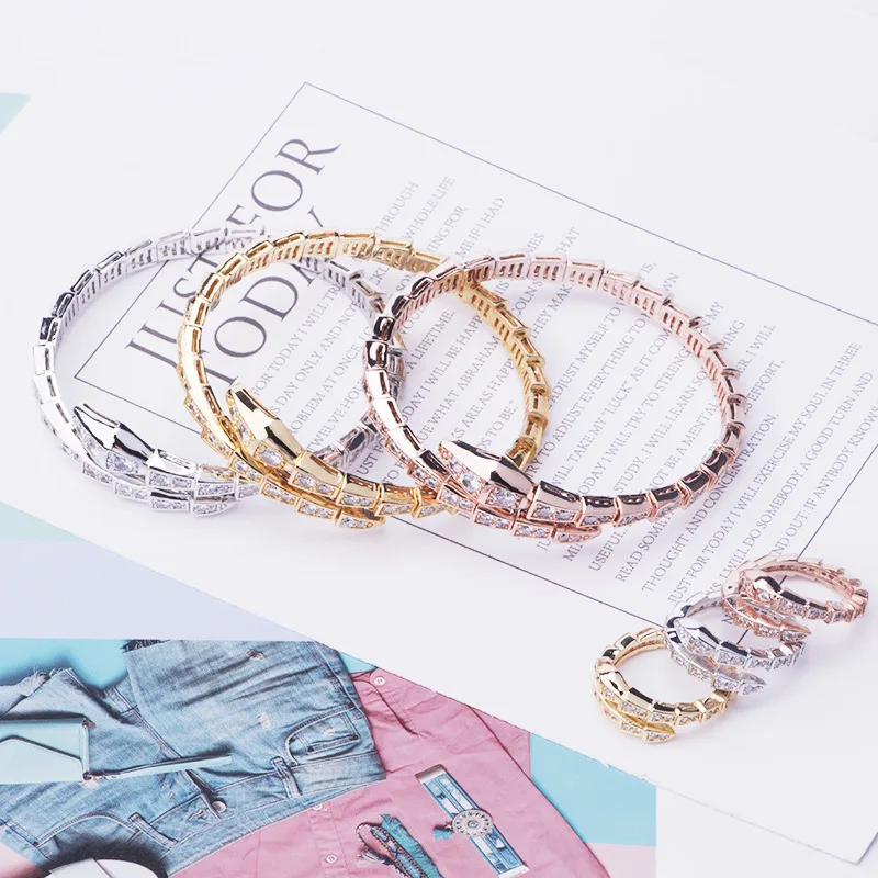 

Fashion luxury branded designer bangles rings SERPENTI VIPER crystal zirconia adjustable bangles rings for women