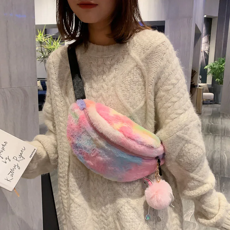 

Fashion fall plush women fanny pack candy color ladies chest bag winter waist purse for women, 3 colors