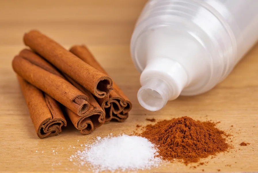 Close-up view of natural cinnamon sticks and toothpaste ingredients on wooden surface