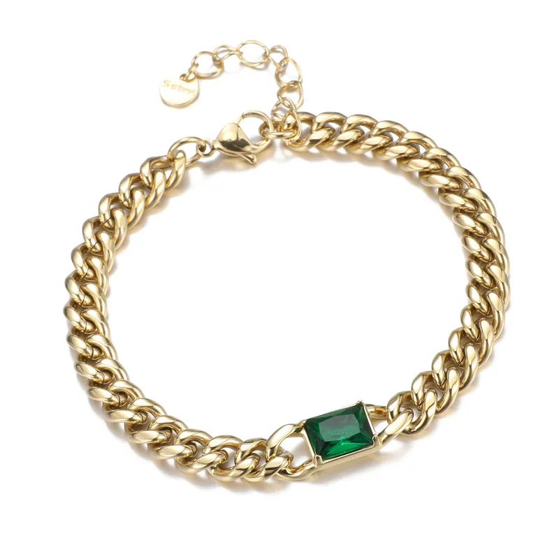

Fashion 7mm CZ Curb Cuban Chain Bracelet Jewelry 18K Gold Stainless Steel Emerald Diamond Chunky Cuban Bracelet For Women Gift