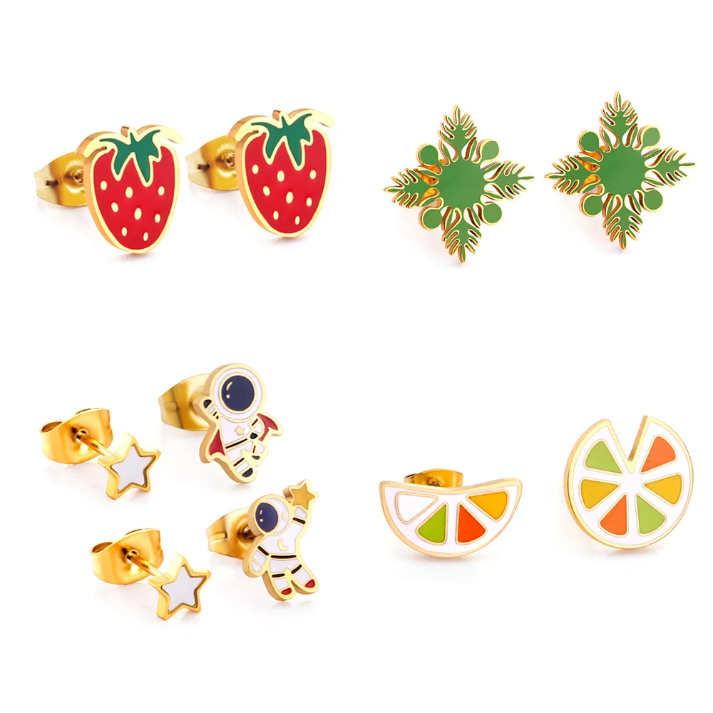 

2022 New Fashion Gold Plated Stud Earrings Jewelry Set Cute Cartoon Fruit Lemon Astronaut Earrings With Stainless Steel Ring