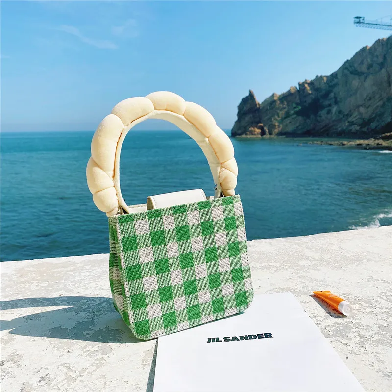

Fat Handle 2021 New Special Design Fashionable Clutch Bag Green Canvas Plaid Trend Women Handbag