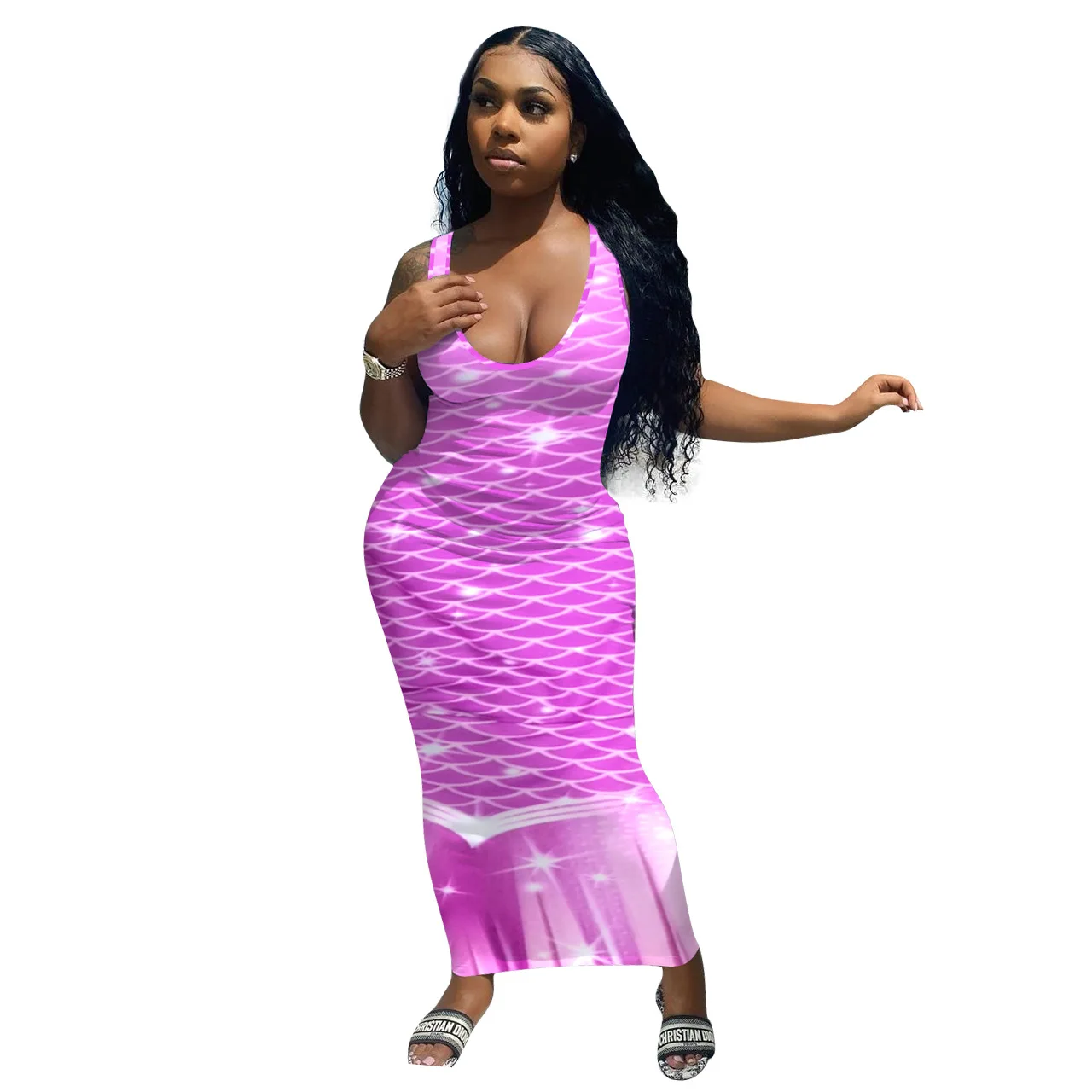 

High Quality Fishscale Print Sleeveless Bodycon Sexy V Neck Women Summer Maxi Dress, Picture color