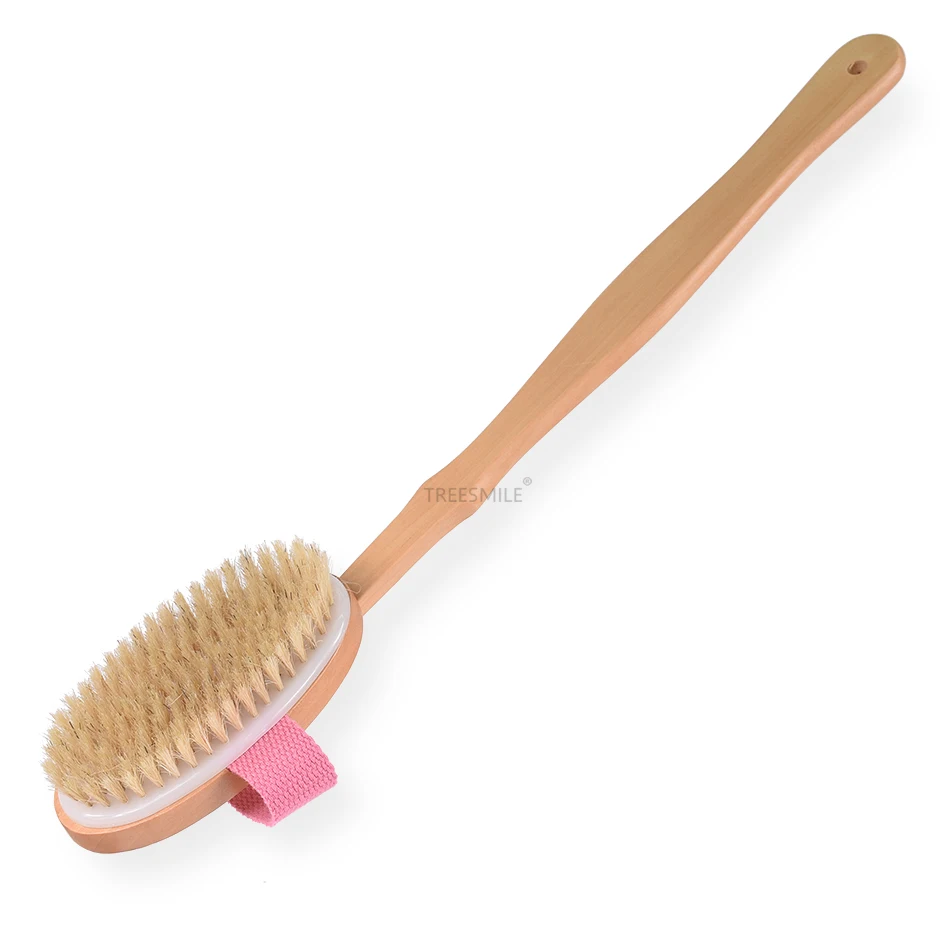 

Dry Brushing Body Brush Natural Boar Bristle Back Brush with wood Detachable Long Handle Treesmile custom logo factory