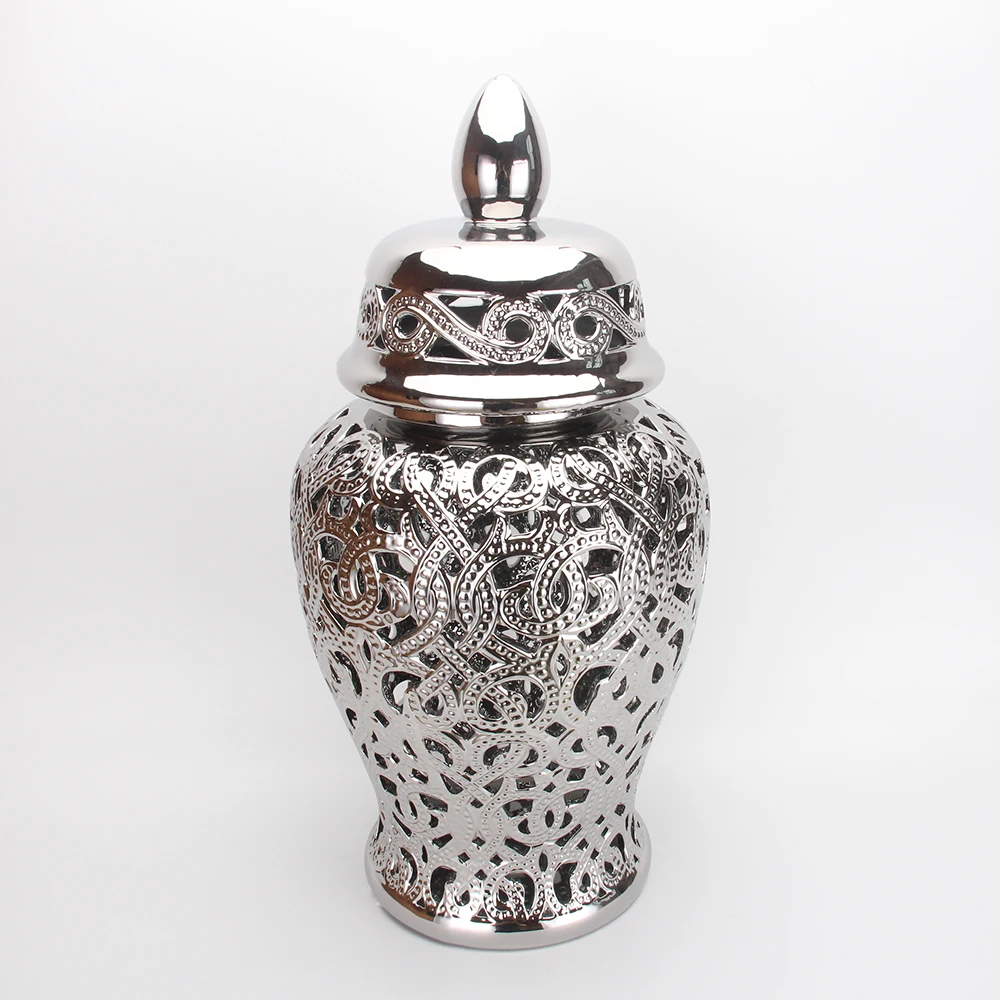 

J132 New design Europe ceramic silver temple ginger jar hollow-out gold champion jar