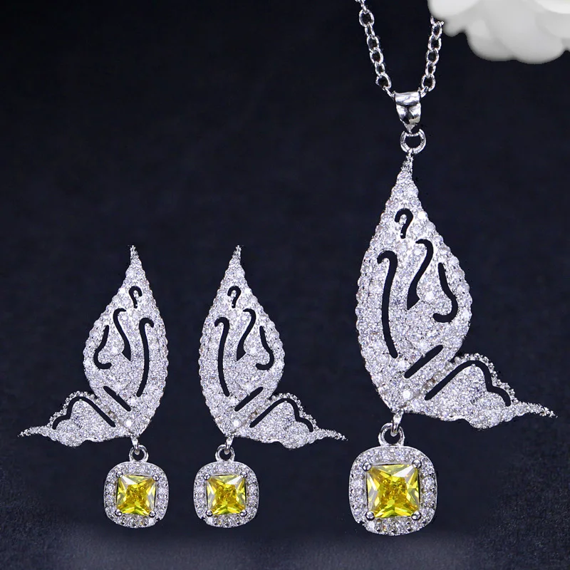 White Gold Color Animal Lovely Big Butterfly Shape Fashion Earrings and Necklace Cubic Zircon Pendant Jewelry Set for Women