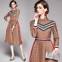 

Factory Wholesale western style fashion spring new design vintage printing polo neck long sleeve women high end long shirt dress