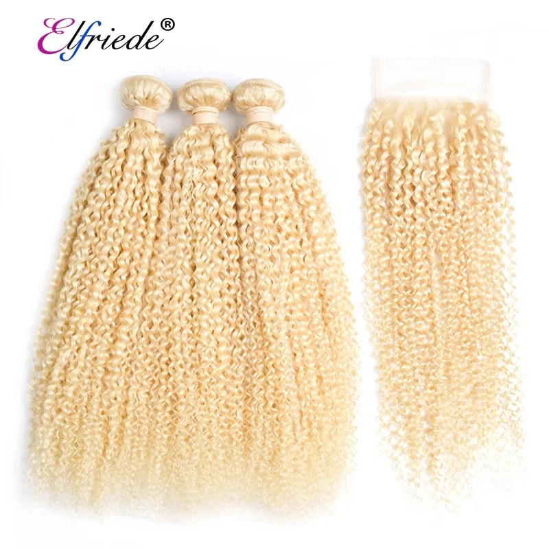 

#613 Kinky Curly Blonde Weft with Closure 10A Brazilian Remy Human Hair 3 Bundles with Lace Closure 4"x4" JCXT-117