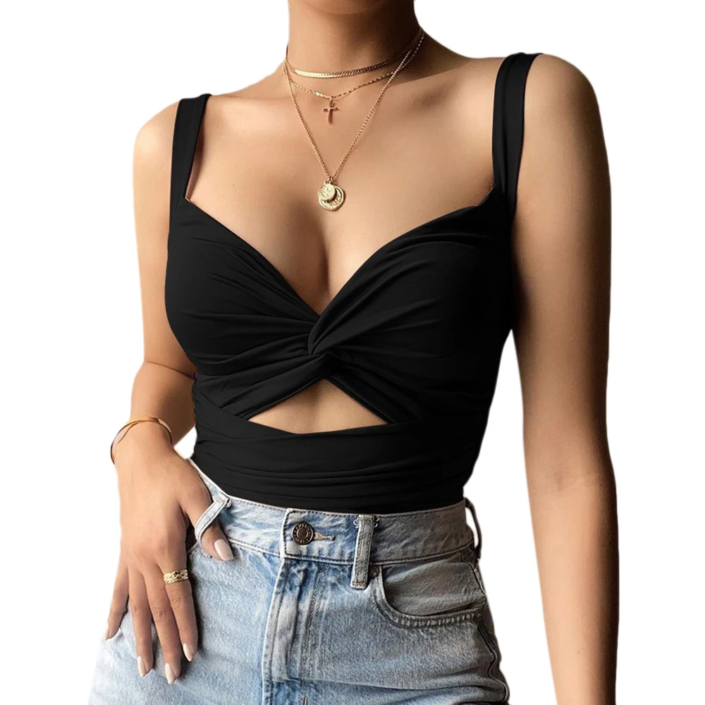

Women Fashion Sexy Cotton Blend Black Front Knot Female Corset Crop Top, White, black, rosy, yellow, coffee, wine red, light blue, light pink