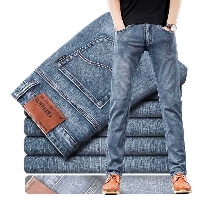 

2021 Classic Long-Staple Cotton Green Washed Casual Micro-Stretch Slim-Fit Mid-Rise Straight-Leg Jeans For men, Picture color