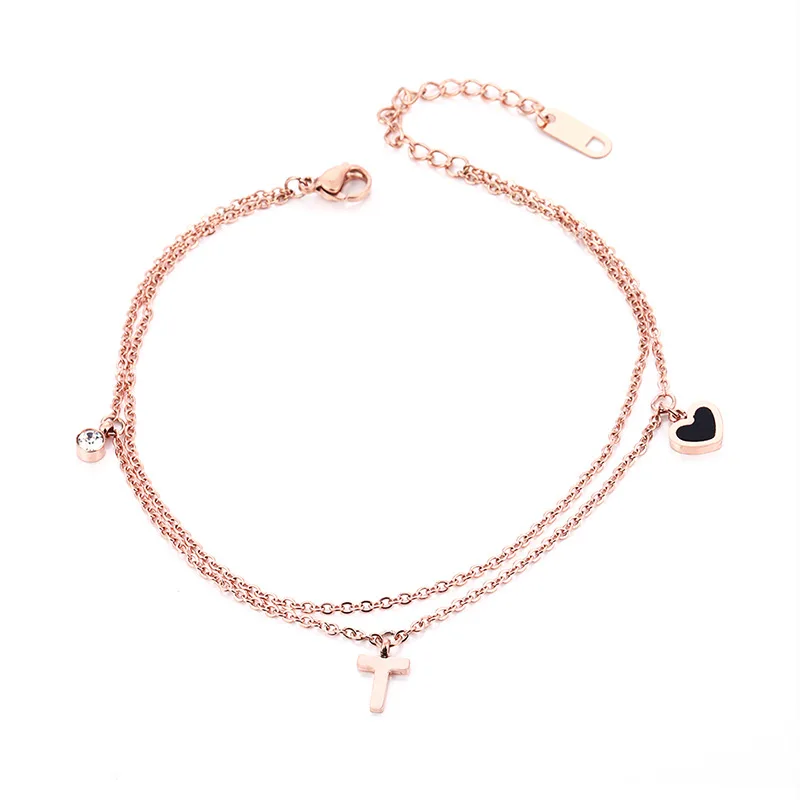 

Hotsale Rose Gold Stainless Steel Cross Charm Bracelet Bangle Double Layered Heart Cross Bracelet