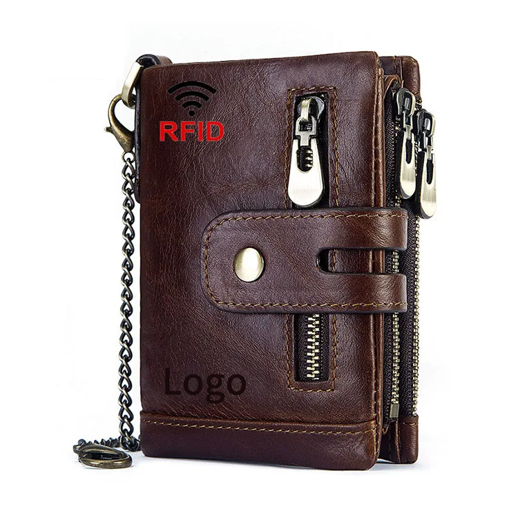 

AZB097 Factory Wholesale Vintage Genuine Leather Double Zippers Wallet With Removable Coin Purse Chain Men Bifold Wallet