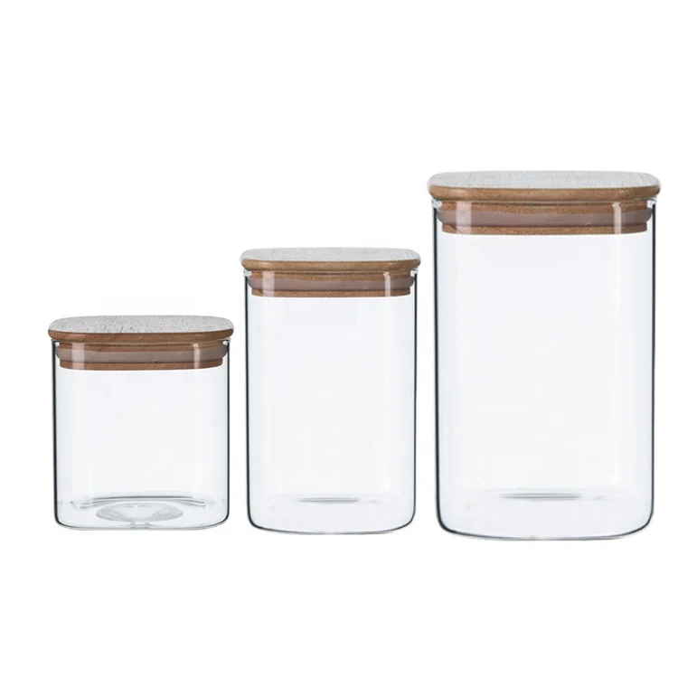 

650ml 1000ml 1400ml square borosilicate glass jar with bamboo lid for food, Clear transparent