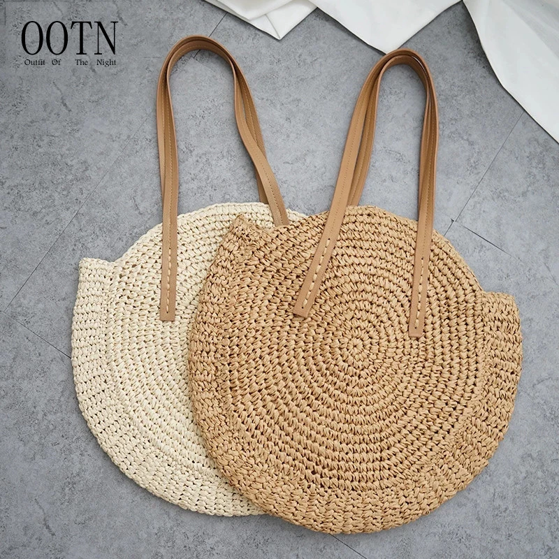 

OOTN Vintage Handmade Woven Shoulder Raffia circle Rattan bags Bohemian Summer Vacation Casual Bags Round Straw Beach