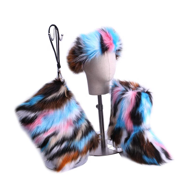 
Winter Fashionable Rainbow Faux Sheep Fox Fur Snow Boots Shoes Sets for Kids and Girls Women with Fur Headband and Purse 