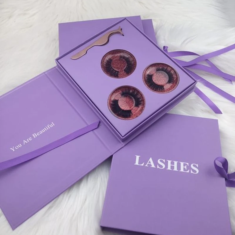 

Wholesale 3D 5D 8D 3 Pair Lashes Set Purple Lash Book Natural Fluffy Mink Eyelashes with Tweezer