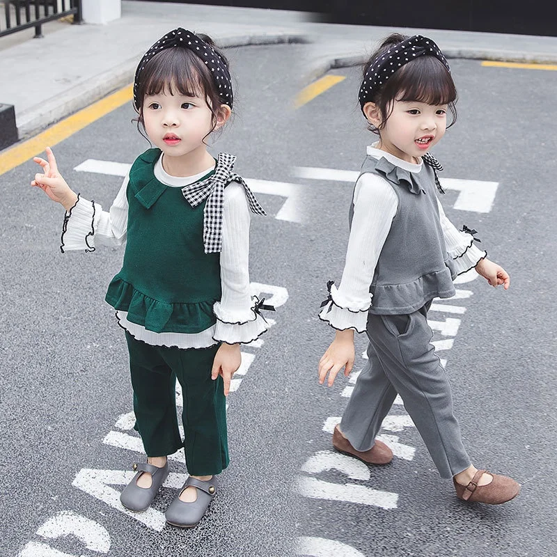 

B60826A Latest Design Kids Children Cotton Clothing Sets baby Girls Boutique Autumn Winter Clothes, Green/gray