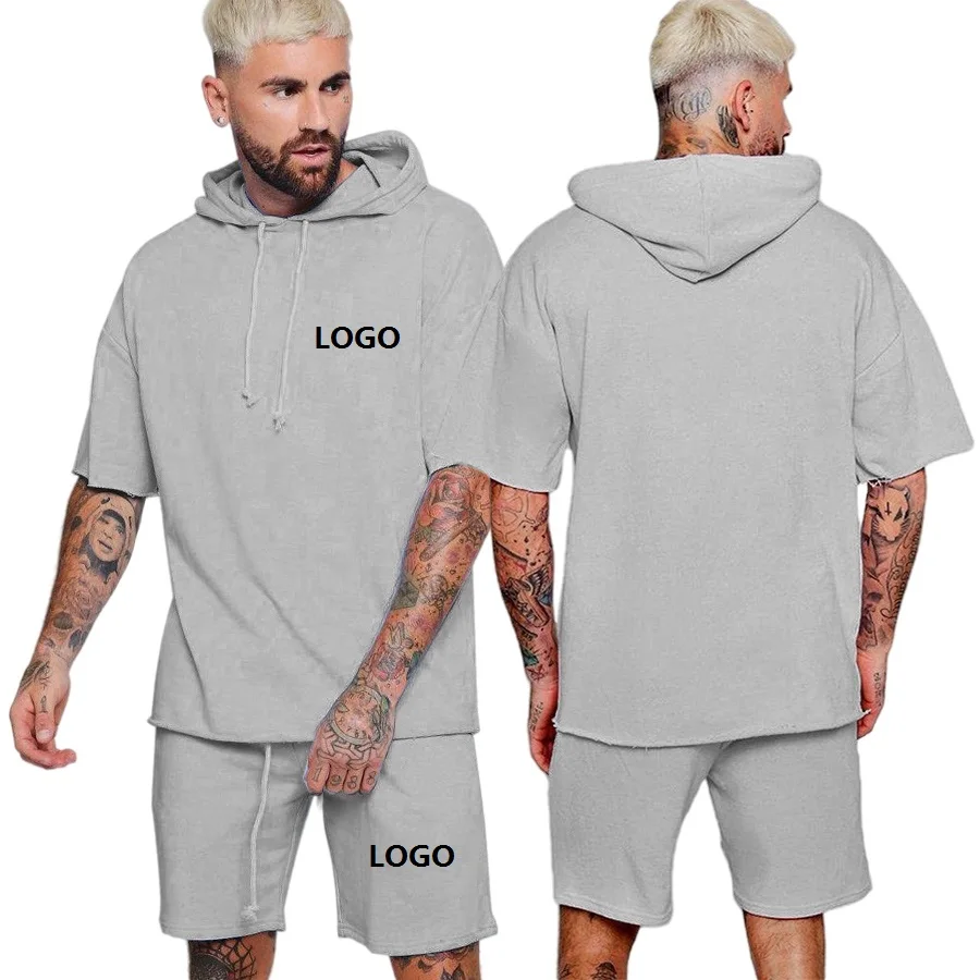 

wholesale summer solid 100% cotton hooded short tracksuit sweatsuit men hoodie and sweat shorts set for men, 5 colors or oem