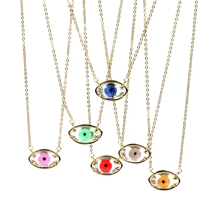 

Latest ins style cute lovely brass 18K gold plated crystal colorful evil eye printed pendant necklace for women jewelry