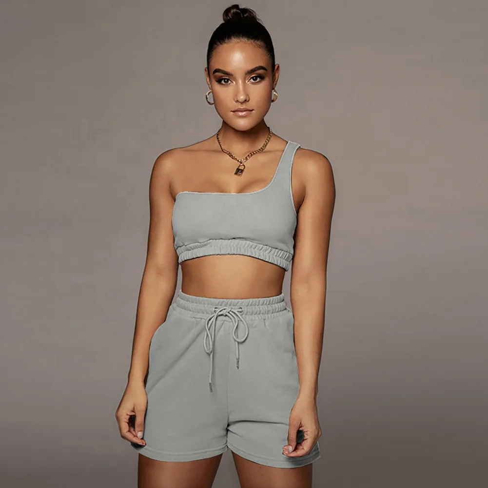 

LW D88118 Amazon hot sale solid color vest sports suit slant shoulder two piece set sexy girls outfits set shorts and top