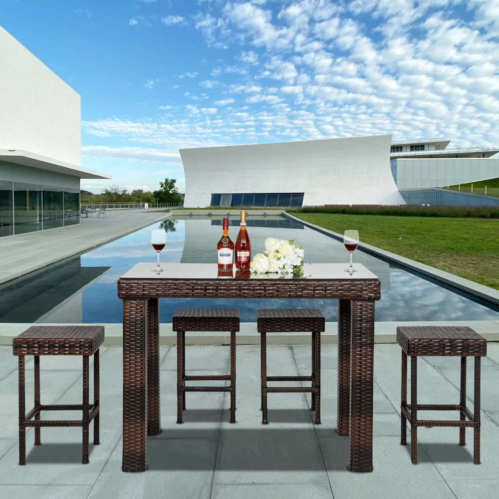 

Bar Stool Table and Chair Set of 5 Brown Outdoor Furniture Garden Set Modern Outdoor Gargen Furniture Door to Door 5-7 Days