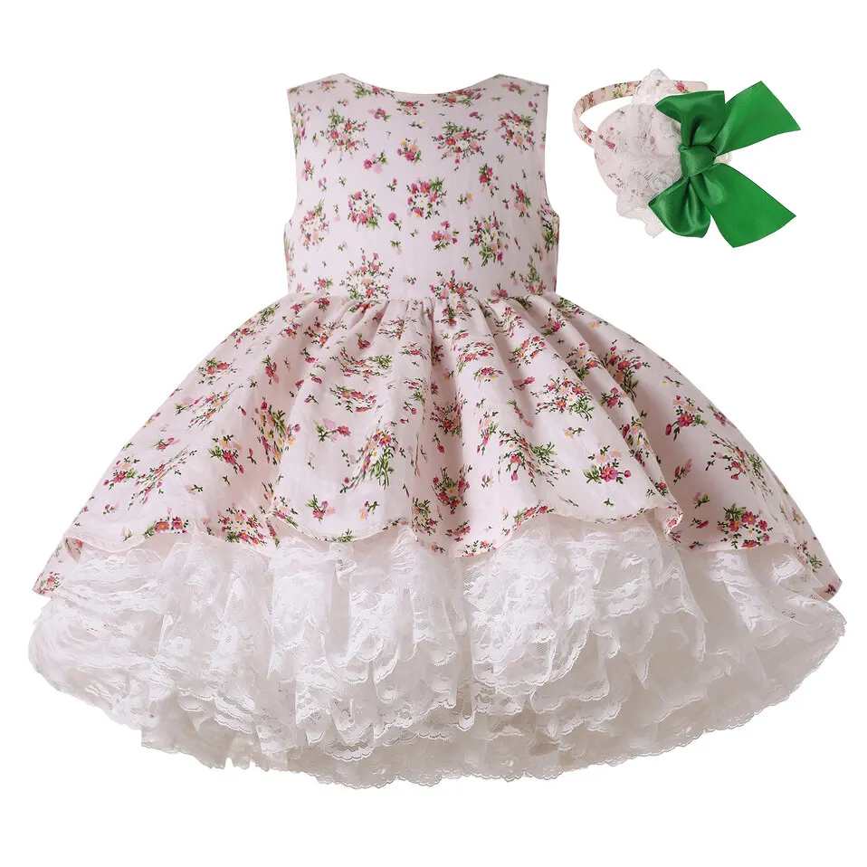 

Pettigirl Summer Kids Party Dress for Girls Clothes 7 Years Flower Print Girl Dresses with Lace Petticoat and Handmade Headwear