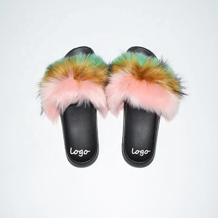 

Ladies Fur Slides Sandals Wholesale Big Faux Artifical Fox Fur winter Lady flat flip flop slippers shoes