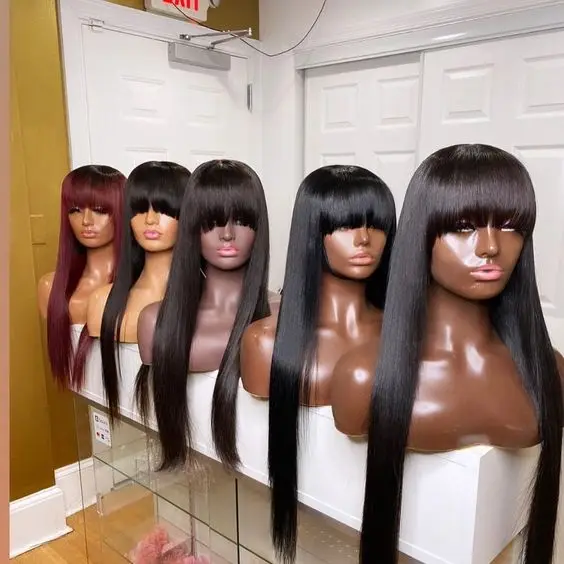 

Full Machine Made Short Human Hair Lace Closure Wigs With Bangs, Brazilian Straight Hair Bob Lace Wig With Front Fringe Bangs