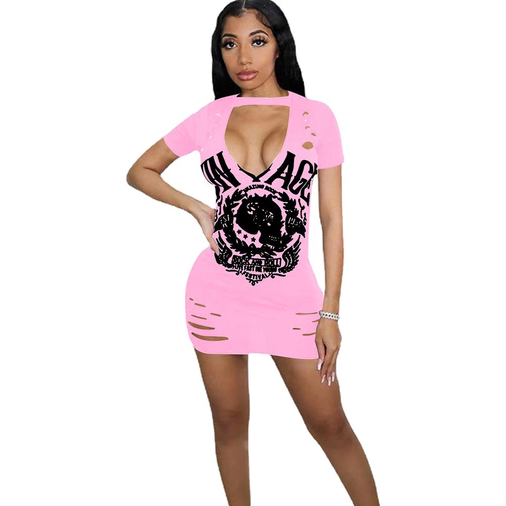 

Saia feminina Hot selling solid color women Casual Dress black girl Sexy cut-out print burnt flower short sleeve dress