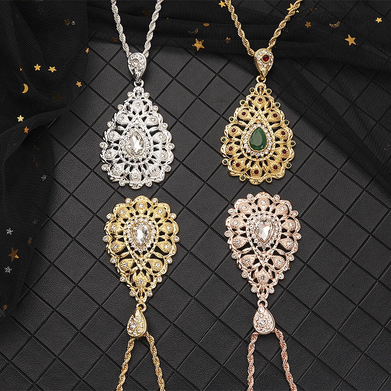 

Moroccan Golden Long Pendant Necklace Flower Shaped Muslim Ethnic Wedding Jewelry Wholesale, Gold and silver