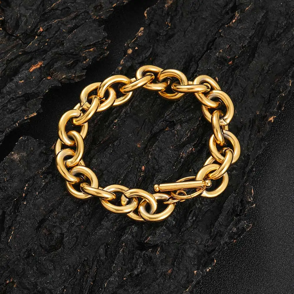 Classic 18K Gold Plated OT Toggle Bracelet Stainless Steel Oval Link Chain Bracelet for Men Women