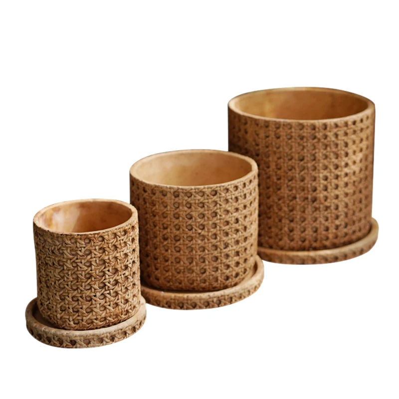 

Classic style bamboo weaving design cement flower pot with tray for home decor, Yellow
