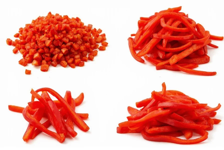 Visual comparison of different red pepper cuts: fine dice, medium dice, julienne, and thin slices for various cooking applications