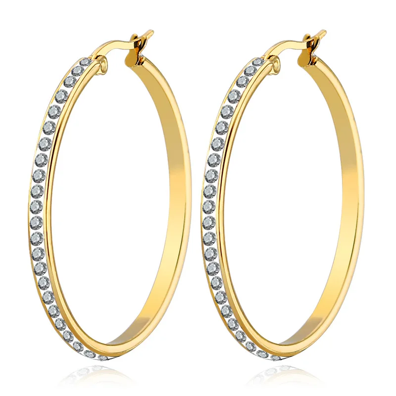 

Trendy Simple Hypoallergenic 20-40mm Stainless Steel Gold Plated Rhinestone Hoop Earrings Diamond Crystal Hoop Earrings, Silver,gold