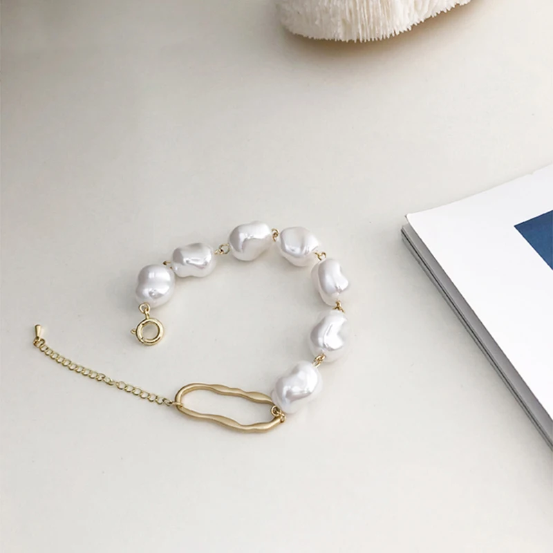 

Faux Large Rice Pearl Bracelet White Baroque Pearl Bracelet Layering with Circle Irregular Pearl Bracelets for Women, Gold