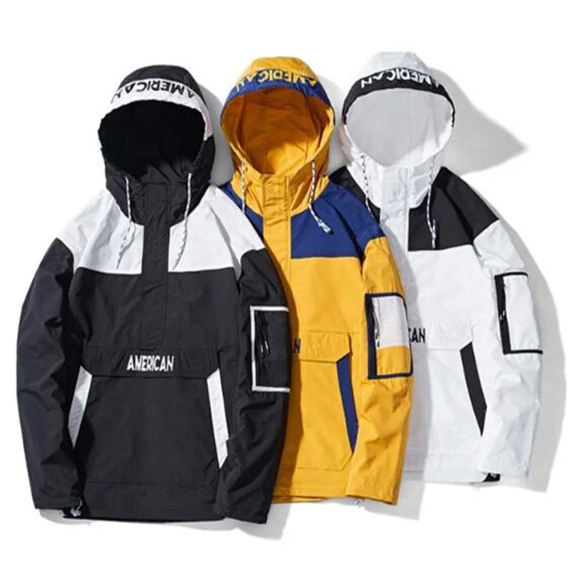

Windbreaker Anorak Hooded Jacket Winter Wears Men's Jacket, White/yellow/black