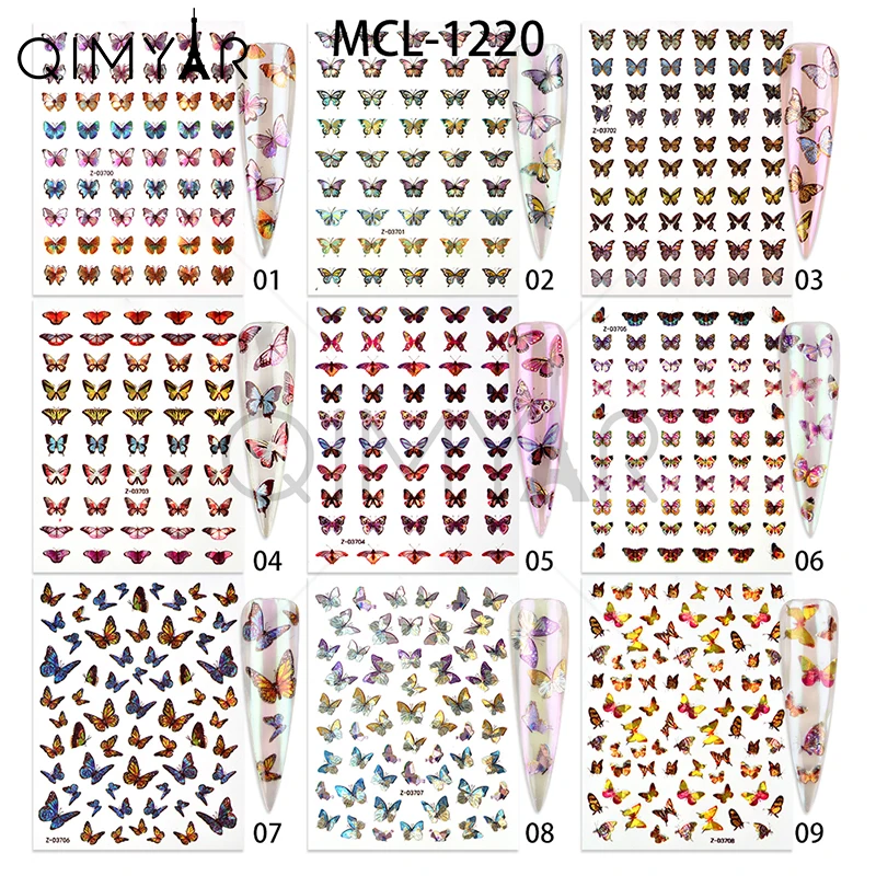 

2020 Newest 18 nail designs Laser Butterfly holographic adhesive butterfly nail stickers 3d nail decals, 8 colors/set diy nail stickers