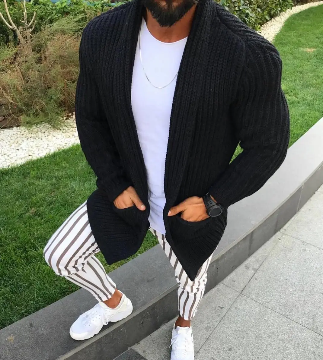 

Best Design Solid Color Turn-Down Collar Men's Knit Sweaters Autumn And Winter Cardigan Sweater Coat, Beige,black