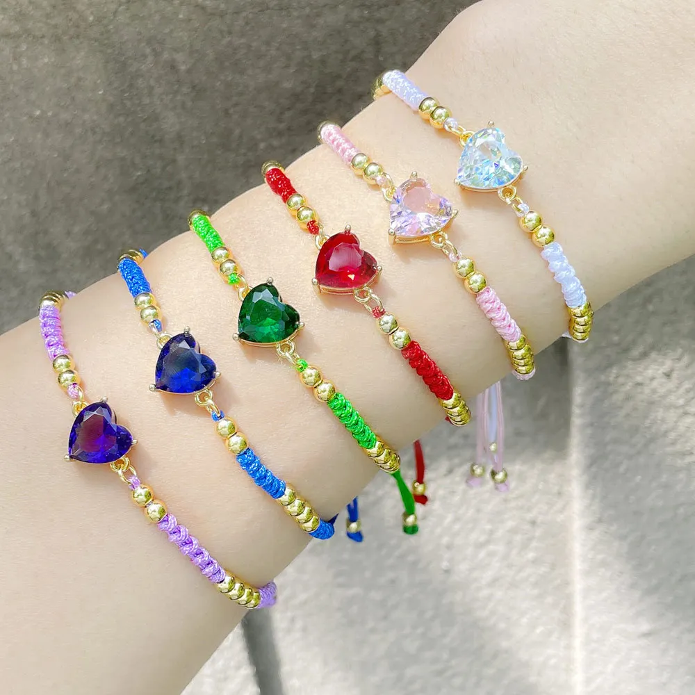 

Colorful Handmade Woven Strings Lovers Zircon Heart Rope Bracelet