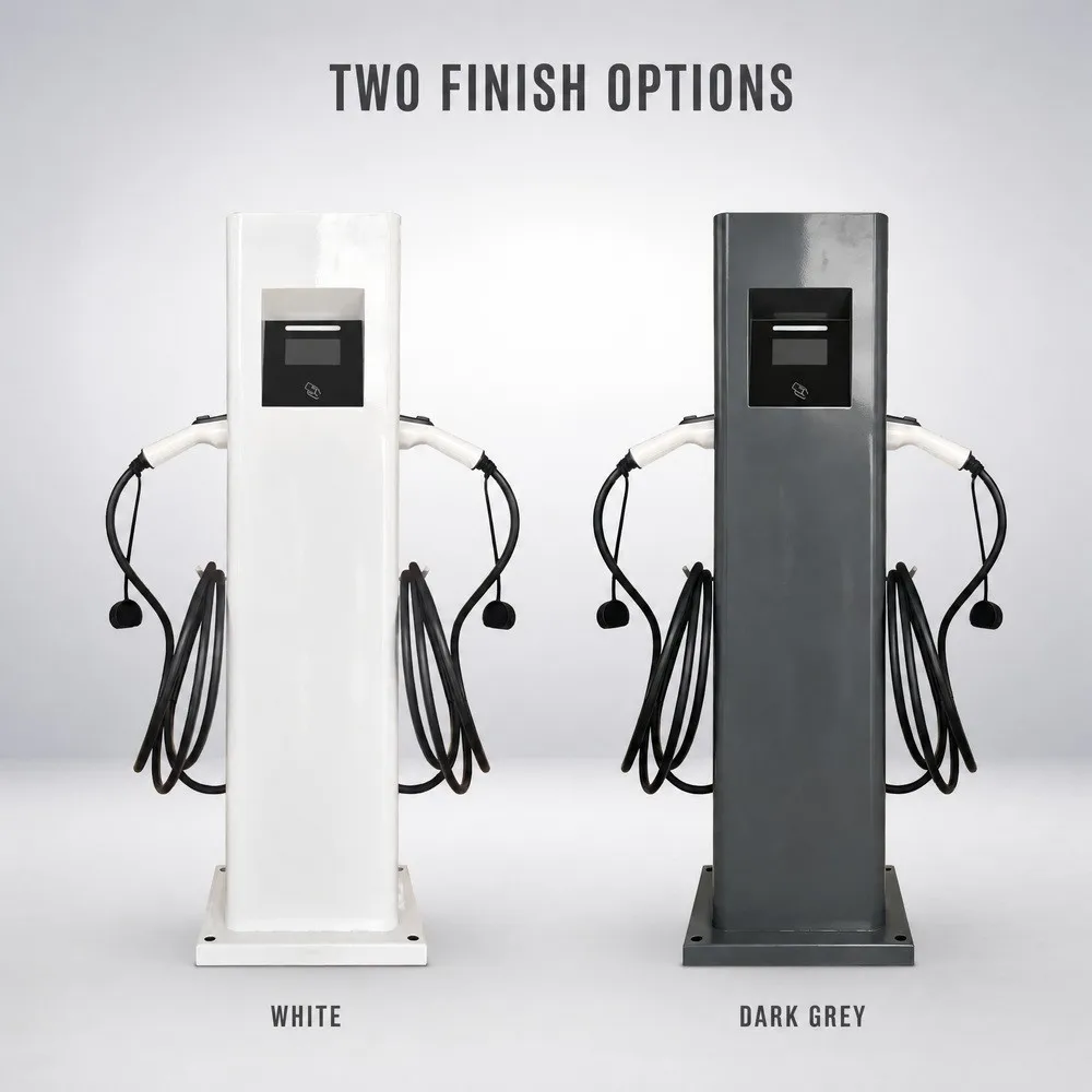 The charging station in two finishes: white and dark grey