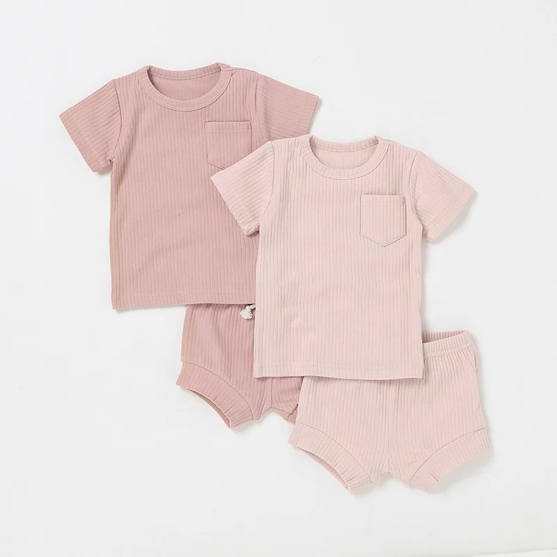 

Wholesale Solid Color Knitted Organic Cotton Ribbed Baby Short Sleeve Pajamas Set