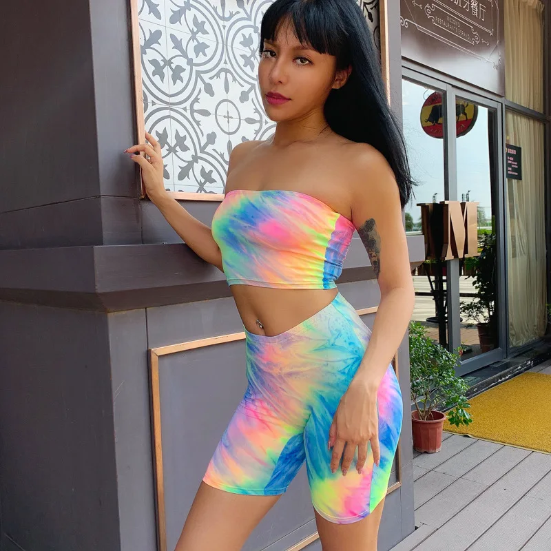 

H9446 - Casual Bodycon Tie Dye Tube Top And Short Pants Two Piece Set Women Clothing