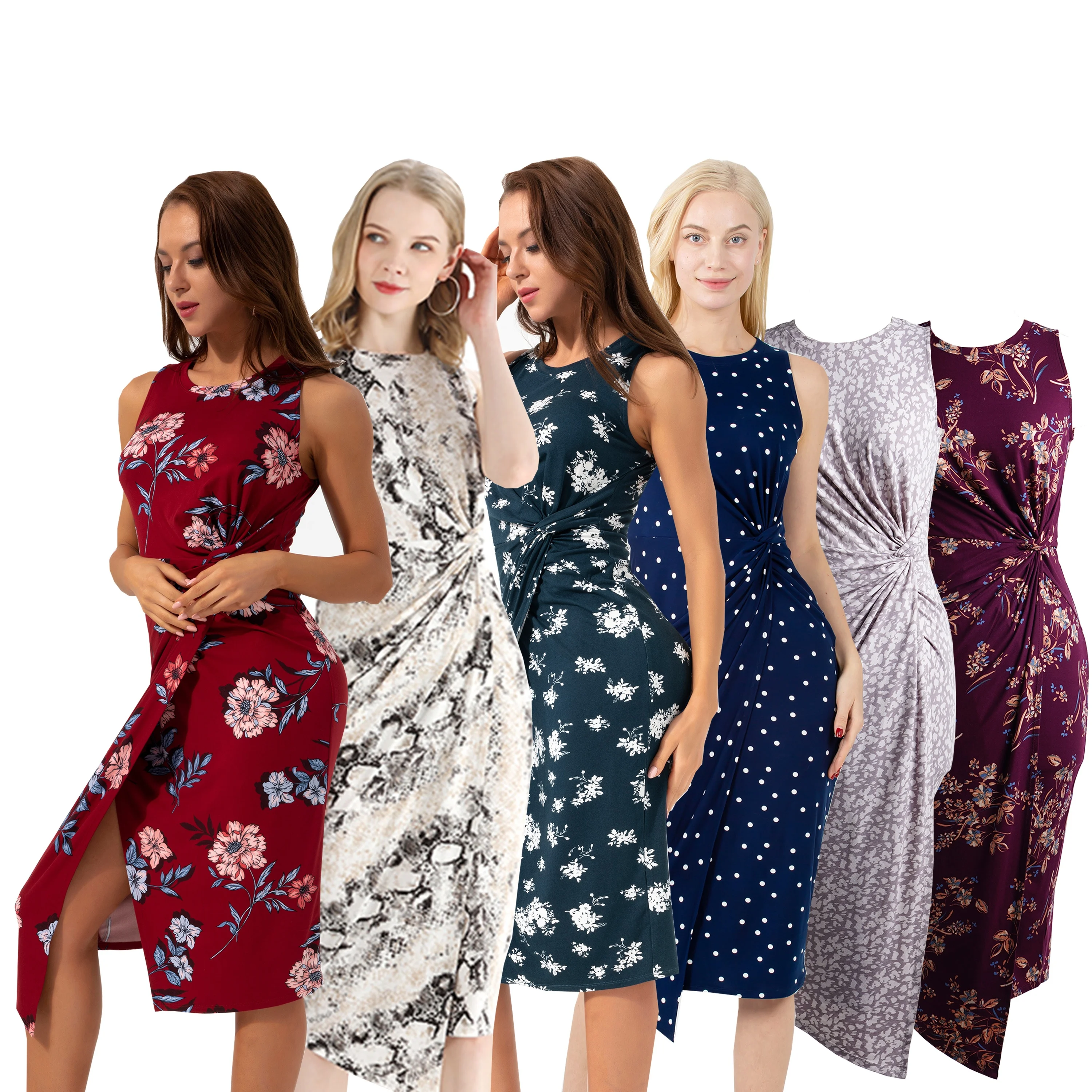 

Women Summer Printed Round Neck Sleeveless Sexy Casual Waist Knot Wrap Midi Knitted Fitted Dresses Casual For Women, Customized color