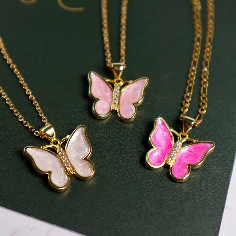 

2021 trendy jewelry stainless chain gold plated butterfly charms cuban chain necklace