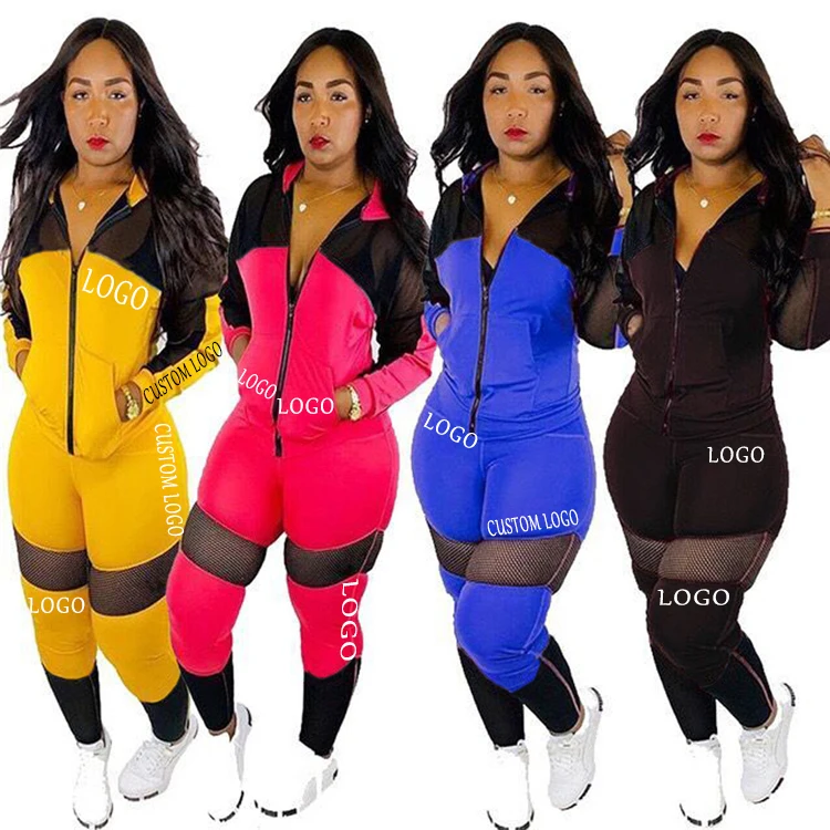 9080921 queenmoen newest design mesh patchwork long sleeve hooded sweatshirt sports suit womens summer 2 piece set