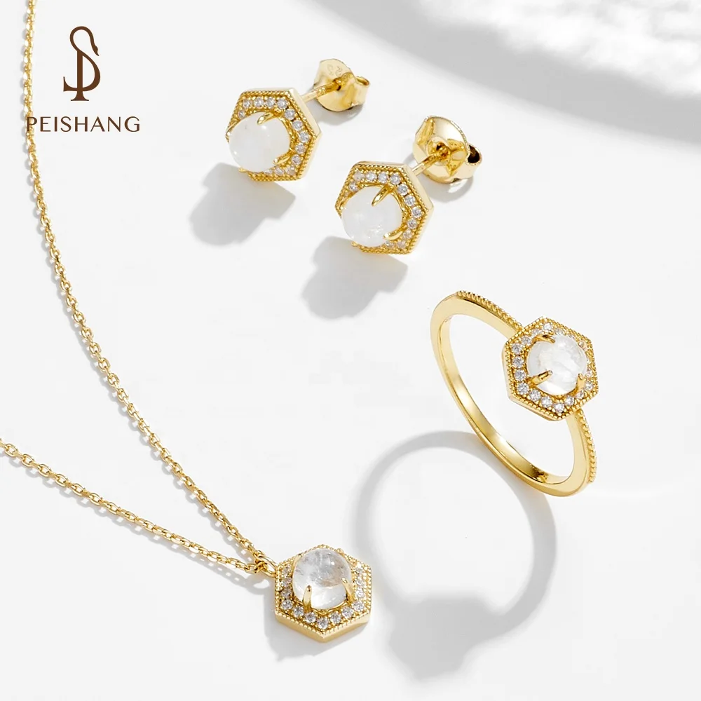 

Original Elegant trendy moonstone Hexagon Fine Jewelry set 925 Sterling Silver Zircon earring necklace Ring for Women gifts