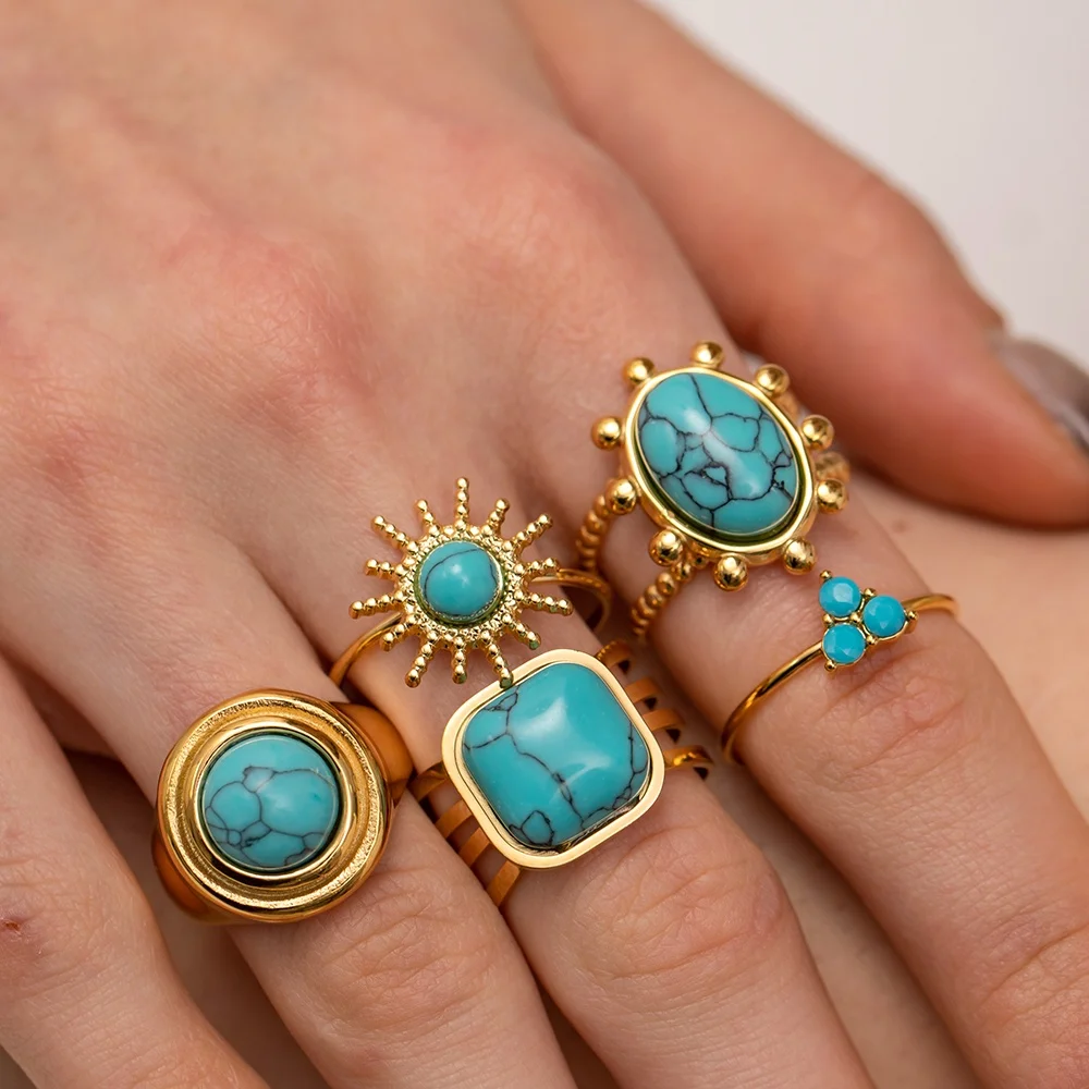 Retro Sun Shape Layer Minimalist 18K Gold Plated Turquoise Rings Open Shiny Stainless Steel Rings