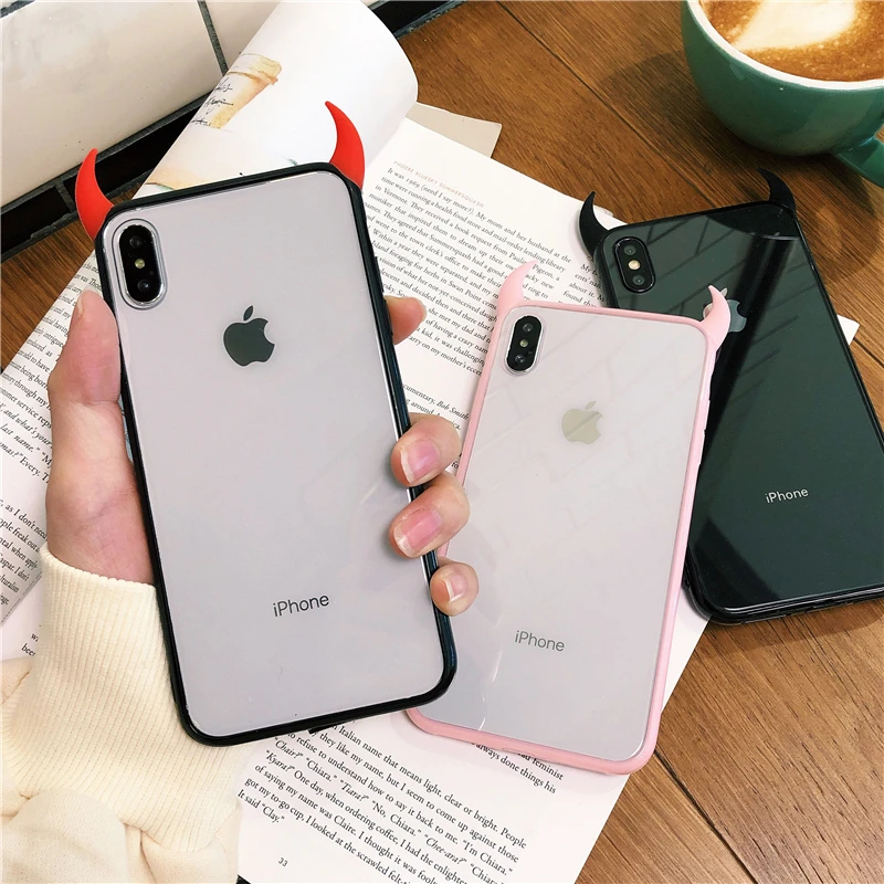 

2019 new Cute Devil Horn Case For iPhone XS Max XR XS 6 7 8 Plus Full Body Acrylic Phone Back Cover Cases Gift