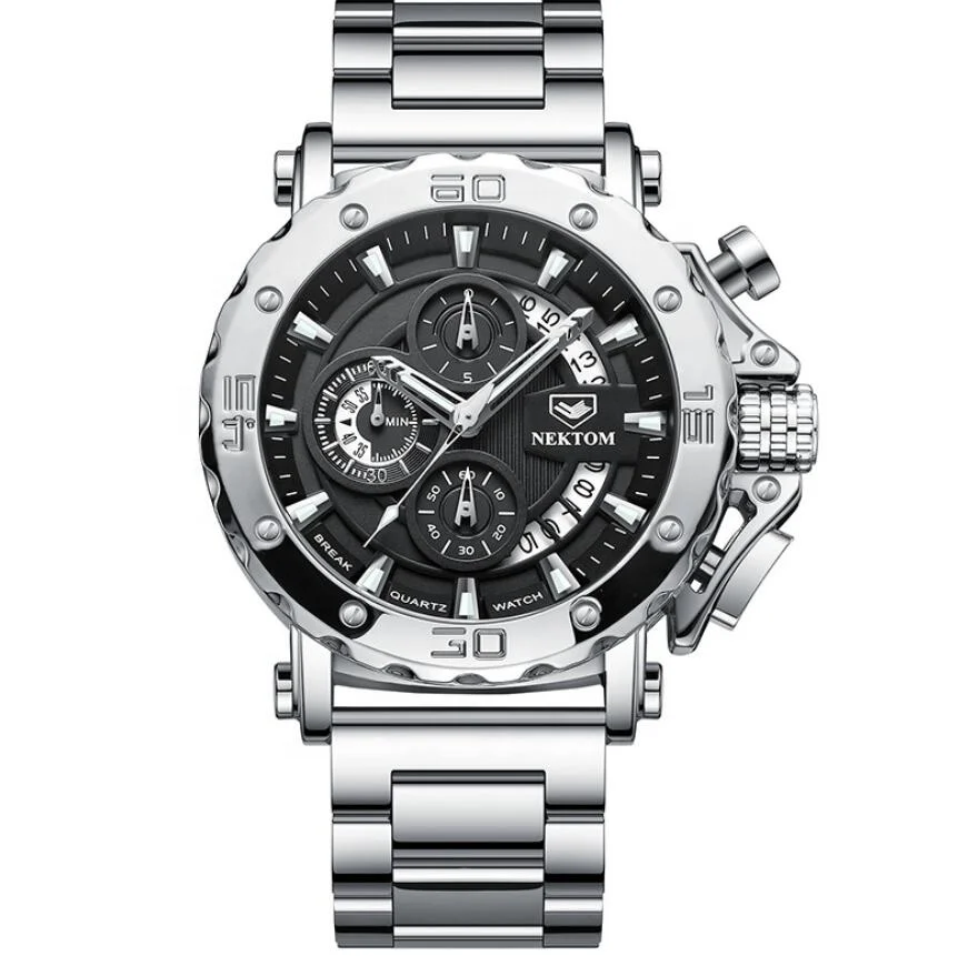 

JY-Mall Nektom 8229G High Quality Chronograph Steel Band Unique Fashion Design Dial Men Digital watch
