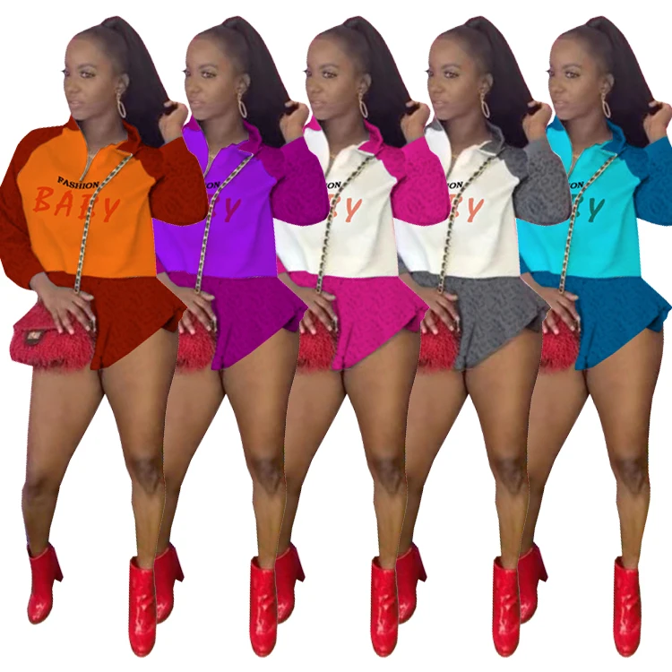 

2021 new arrivals summer basic fashion colorful plus size long sleeve 2 two piece short pants set women clothes outfits clothing, Pink, red, purple, gray, royal blue